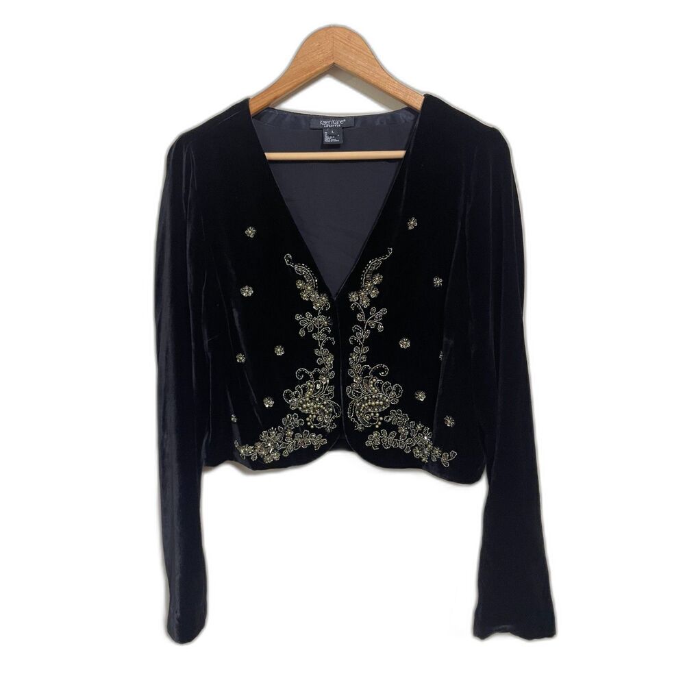 Vintage Karen Kane Black Velvet Beaded Evening Silk Blend Bolero Jacket